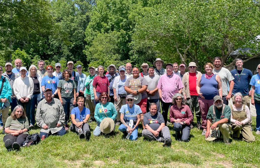 A group photo of Adkins Arboretum Bioblitz participants standing in at the verdant edge of a grassy field.